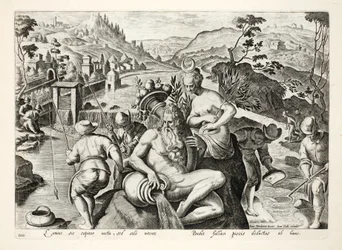 Metod för att fånga fisk med hjälp av ett fiskespö, illustration från "Venationes, Ferarum, Avium, Piscium" (Om jakt: vilda djur, fåglar, fisk), graverad av Jan Collaert (1566-1628), utgiven av Phillipus Gal.